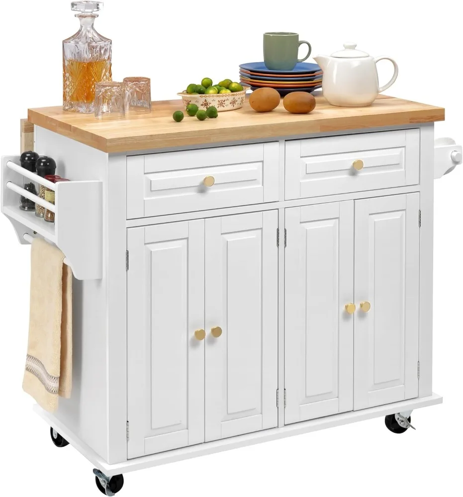 Finnhomy Rolling Kitchen Island with Drop Leaf, Thicken Rubberwood Top, Spice Rack, Towel Rack, Drawer, 43.3