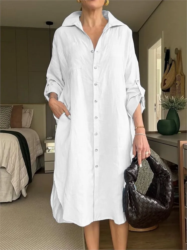 

Lady Casual Shirt Dress Long Sleeve Turn-down Collar Button Shirts Dresses For Women Fashion Solid Office Womens Clothing New