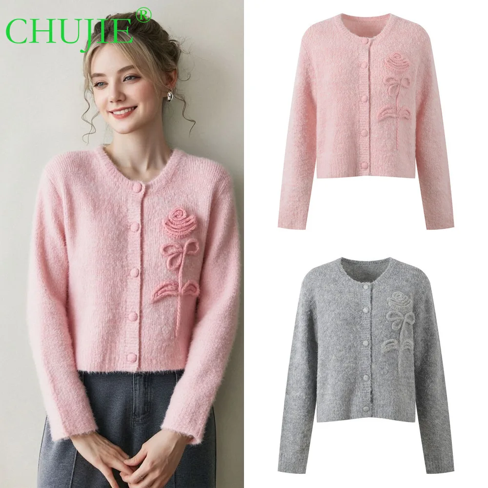 

CHUJIE 2025 Autumn New Three-dimensional Rose Flower Gentle Style Sweet Versatile Niche Round Neck Knitted Cardigan Jacket