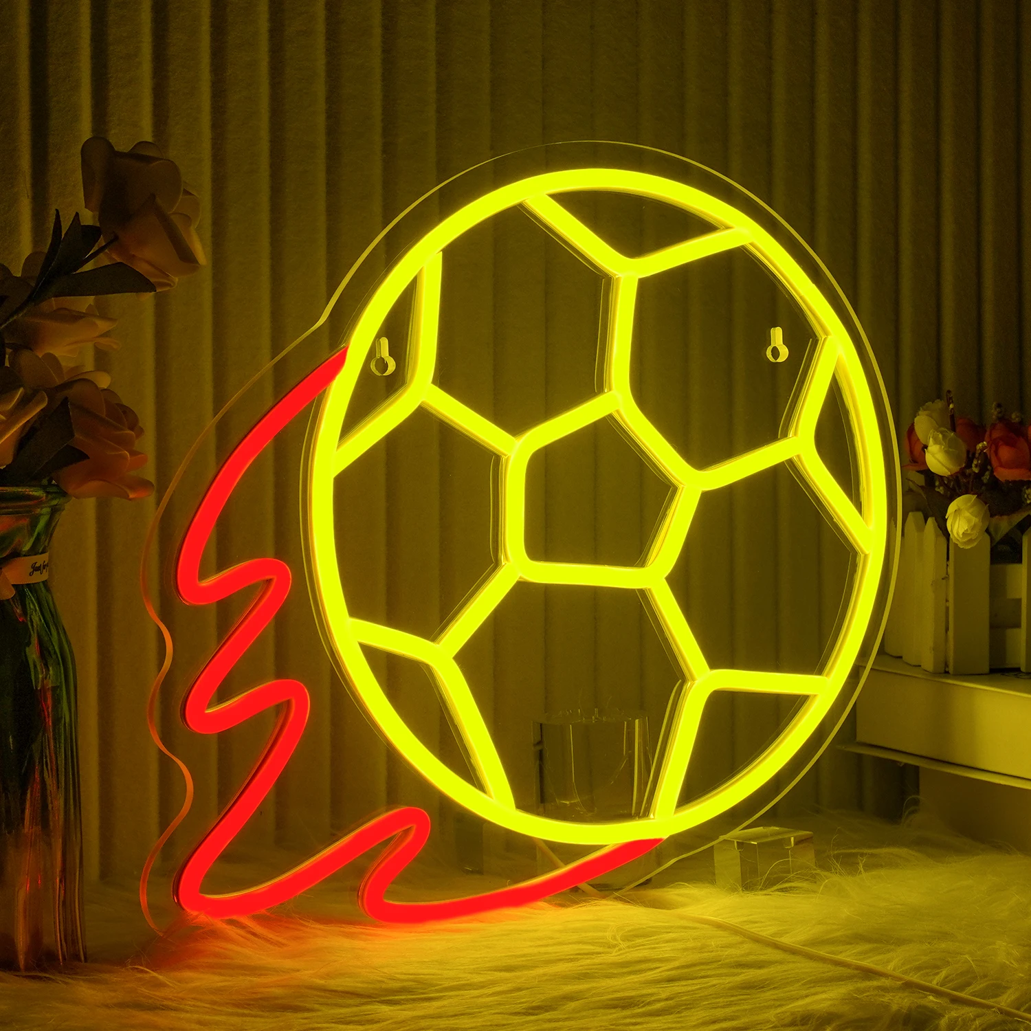 Dimmable Soccer Neon Sign Soccer Fire Neon Football LED Sign Bedroom Man Cave Bar Party Soccer Club Decor Gifts for Soccer Lover