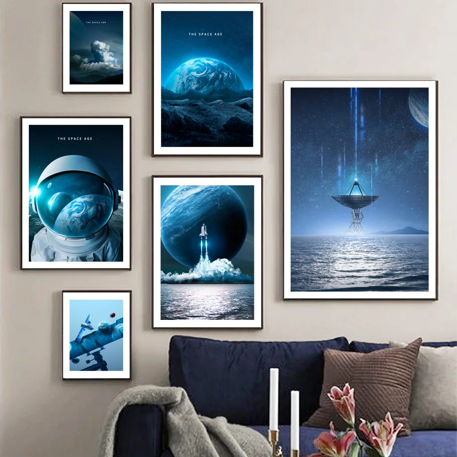 Space X Astronaut Rocket Moon Space Age Station Wall Art Print Canvas Painting Nordic Poster Wall Pictures For Living Room Decor