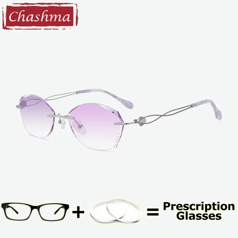 Chashma Women Fashion Rimless Prescription Ready Eyeglasses Pure Titanium Diamond Trimmed Glasses Frame Stylish Spectacles