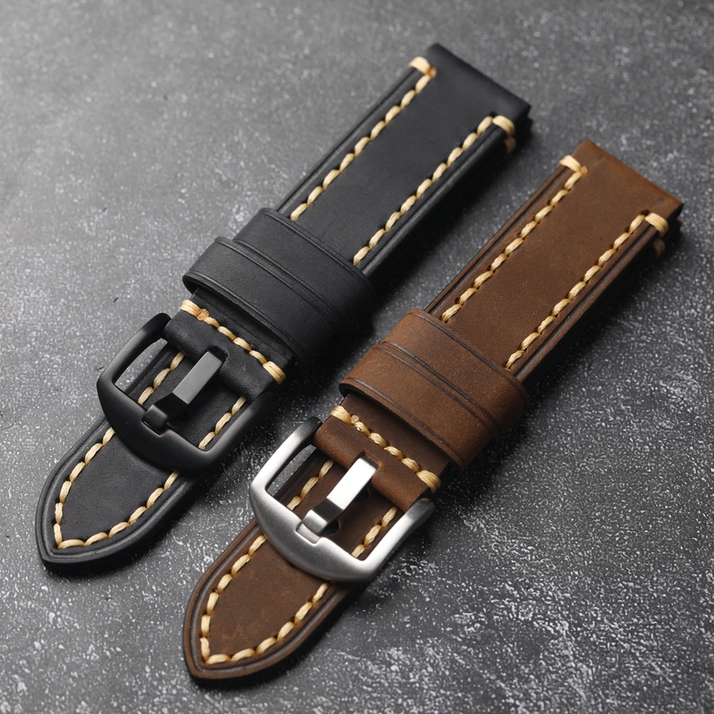 Handmade Vintage Brushed Crazy Horse Leather Strap 18MM  20MM 21MM 22MM 23MM 24MM 26MM Brown Black Soft Cowhide Bracelet