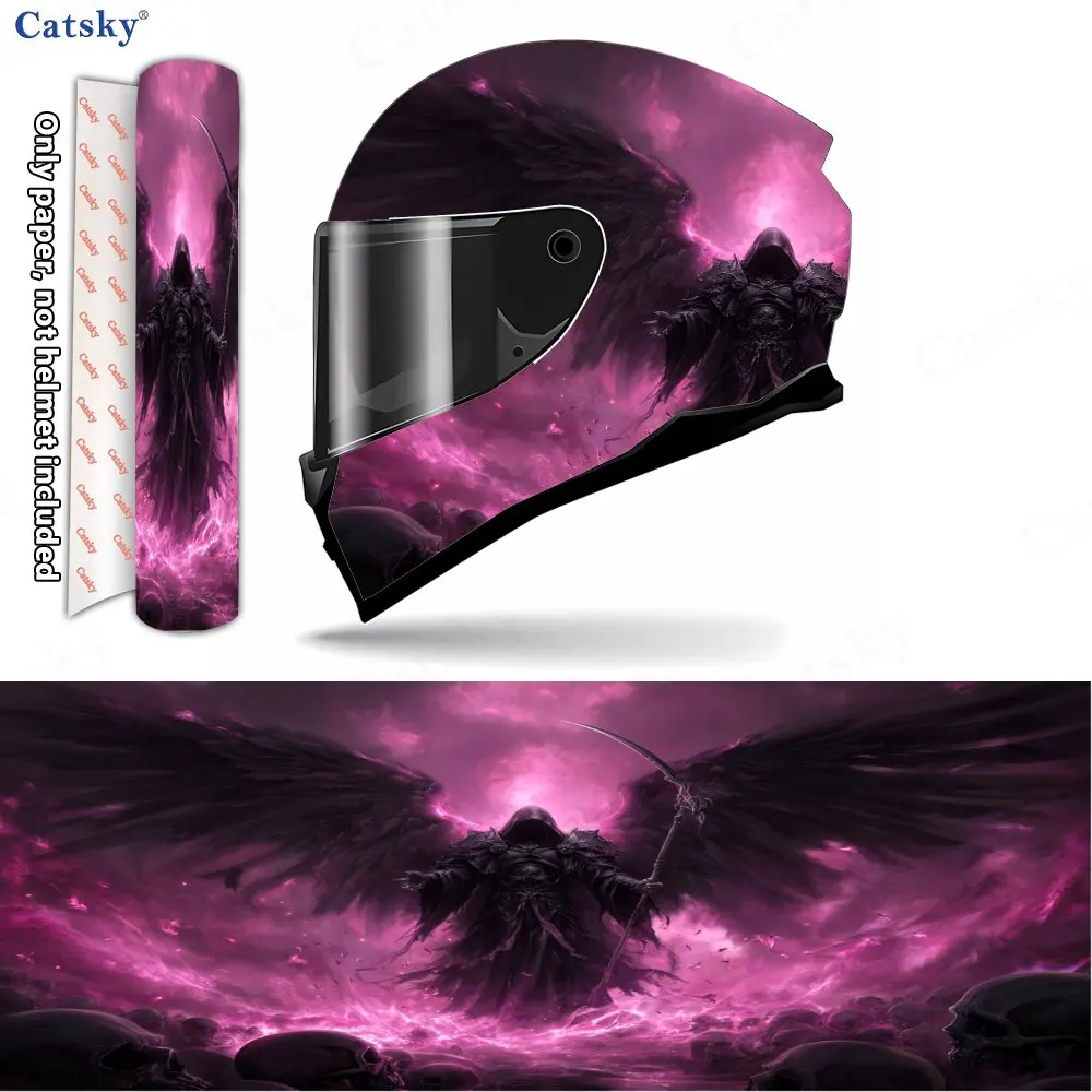 Purple Flame Raven-winged Reaper Helmet Vinyl Wraps, Waterproof Scratch-Resistant Full Face Helmet Decals, Durable PVC Decoratio