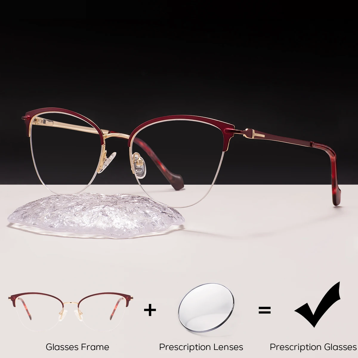 Women Half-Rimless Prescription Glasses Retro Chic Cat Eye Metal Half Rim Myopia Spectacles Round Progressive Optical Eyeglasses