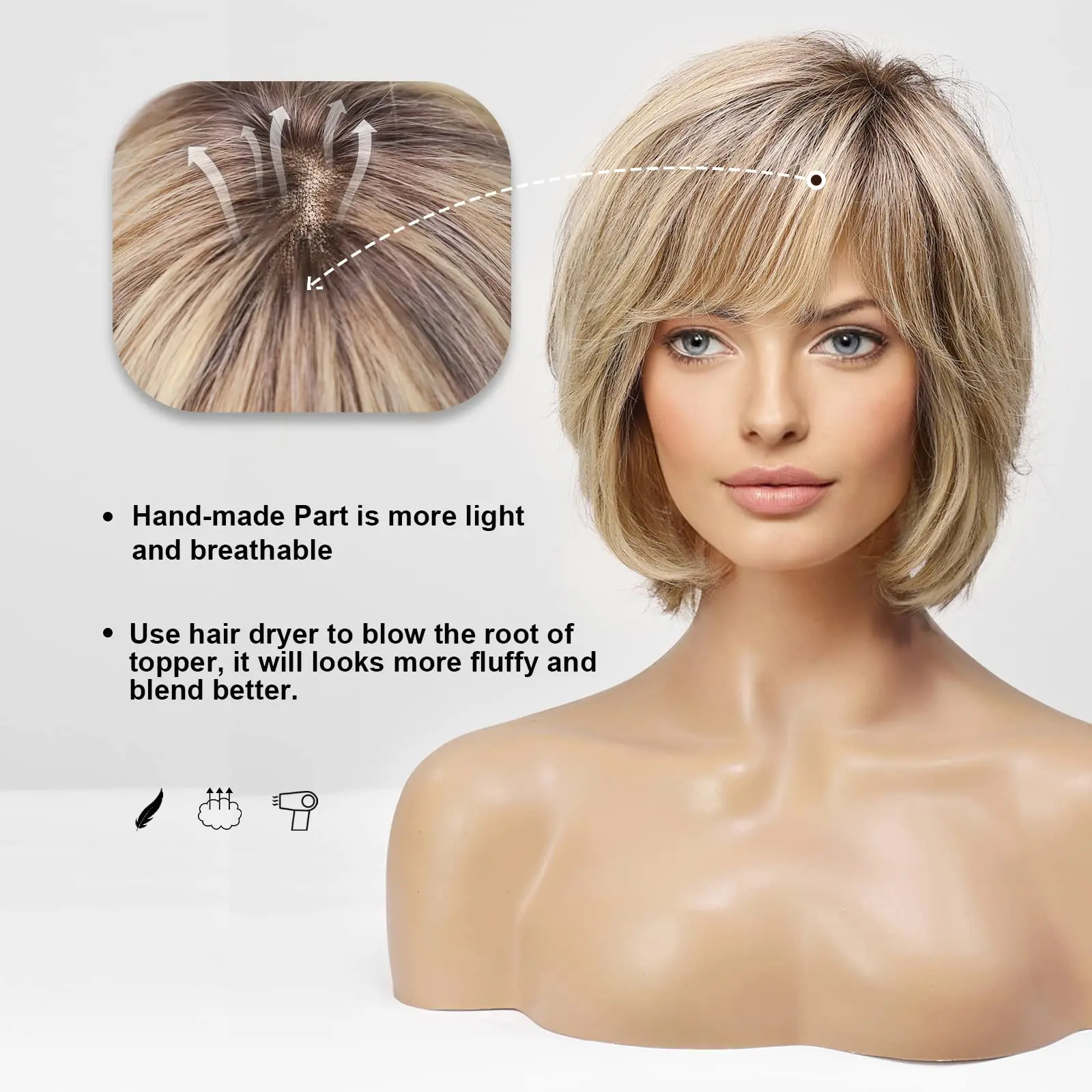 Short Straight Blonde Brown Lace Front Human Hair Wigs with Bangs for Women 100% Remy Human Hairs Bob Natural Wavy Layered Wigs image 3