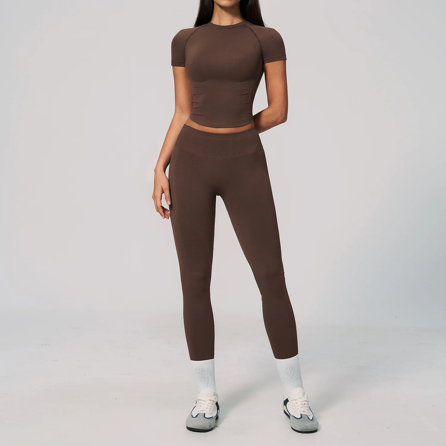 Women Seamless Ribbed 2 Piece Yoga Set Workout Short Sleeve Crop Top Scrunch Butt Pants Shorts Fitness Gym Yoga Pilates Training