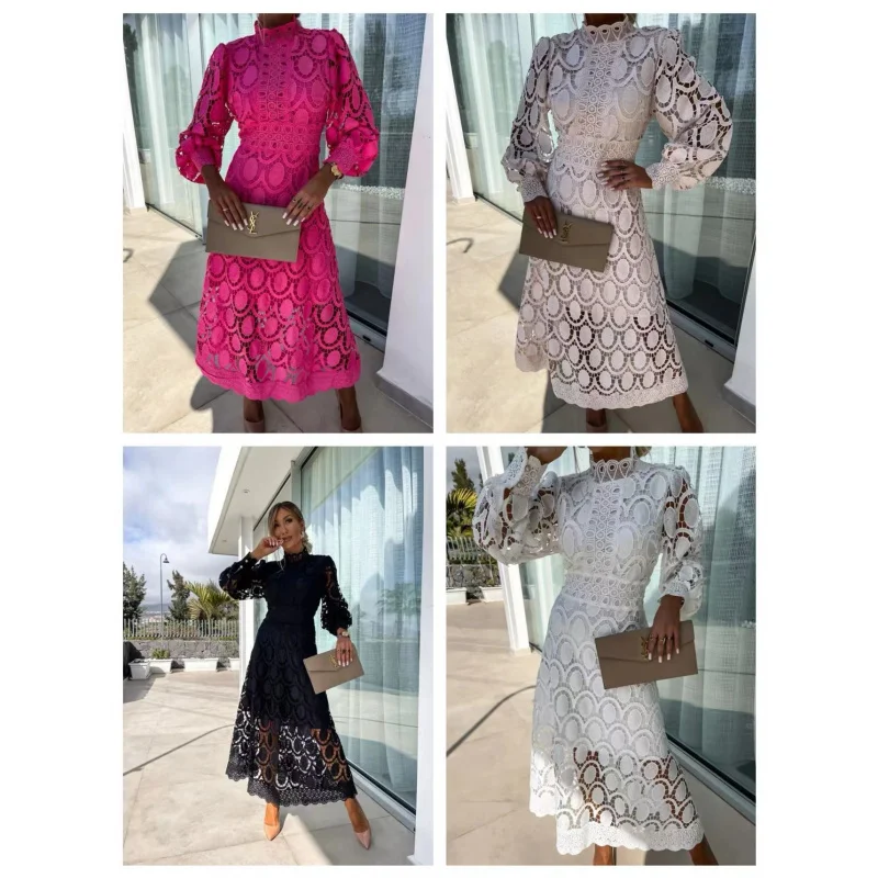 

2024Spring New French Style Lace Stand Collar Puff Sleeve Waist Slimming Dress Temperament Long Dress