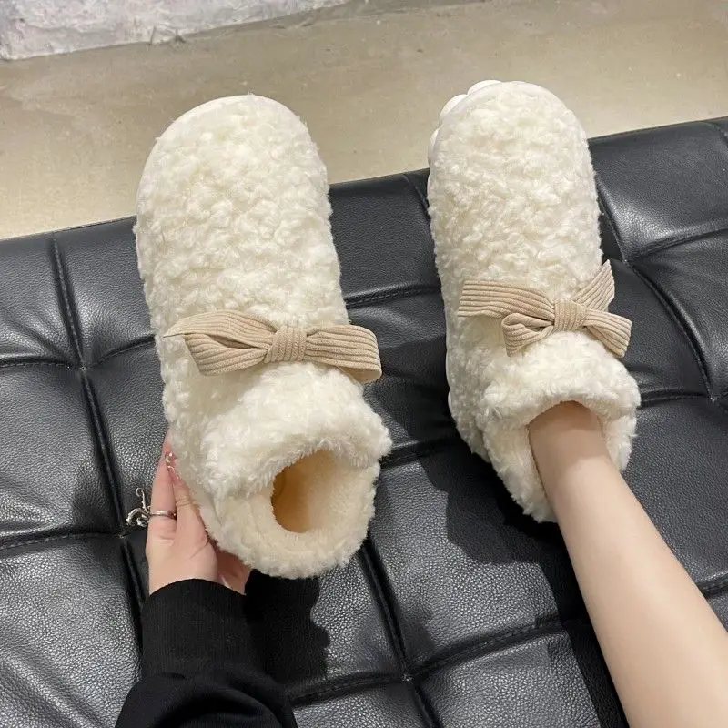 

​ Женские зимние хлопковые тапочки с бантом, нескользящие домашние тапочки на толстой массивной подошве, теплая уютная обувь ​