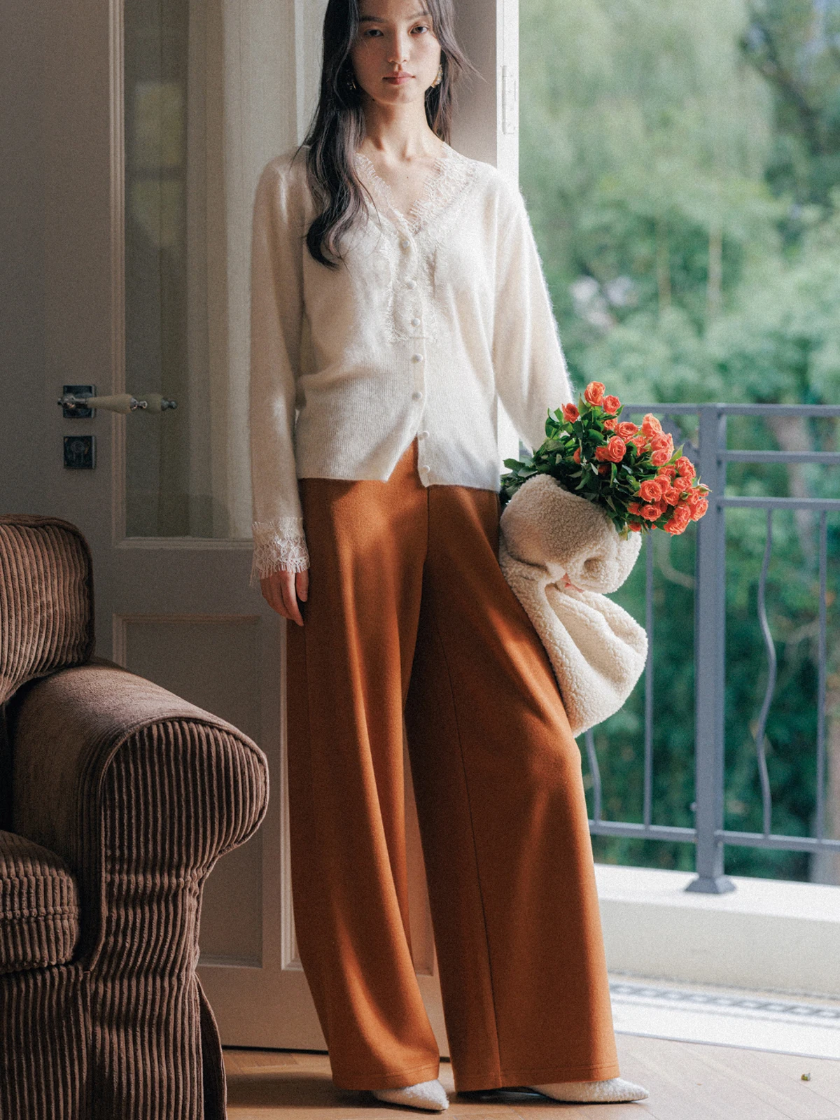 

SOTHEMOS Winter Lazy Person's Pants High Waist Wide Leg Elastic Waist Camere Silk Blend Casual Trousers for Women