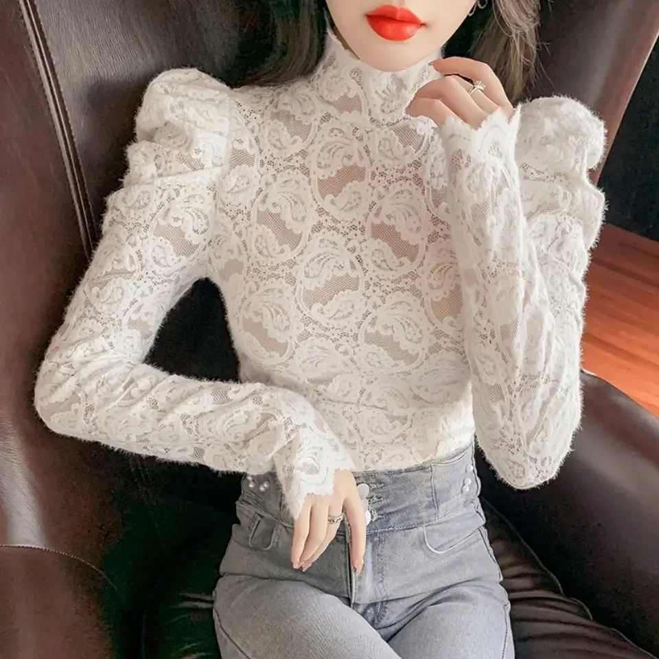 Spring New French Round Neck Slimming Lace Ruffles Spliced Shirt Long Sleeve Elegant Bottoming Blouse Top Women T329