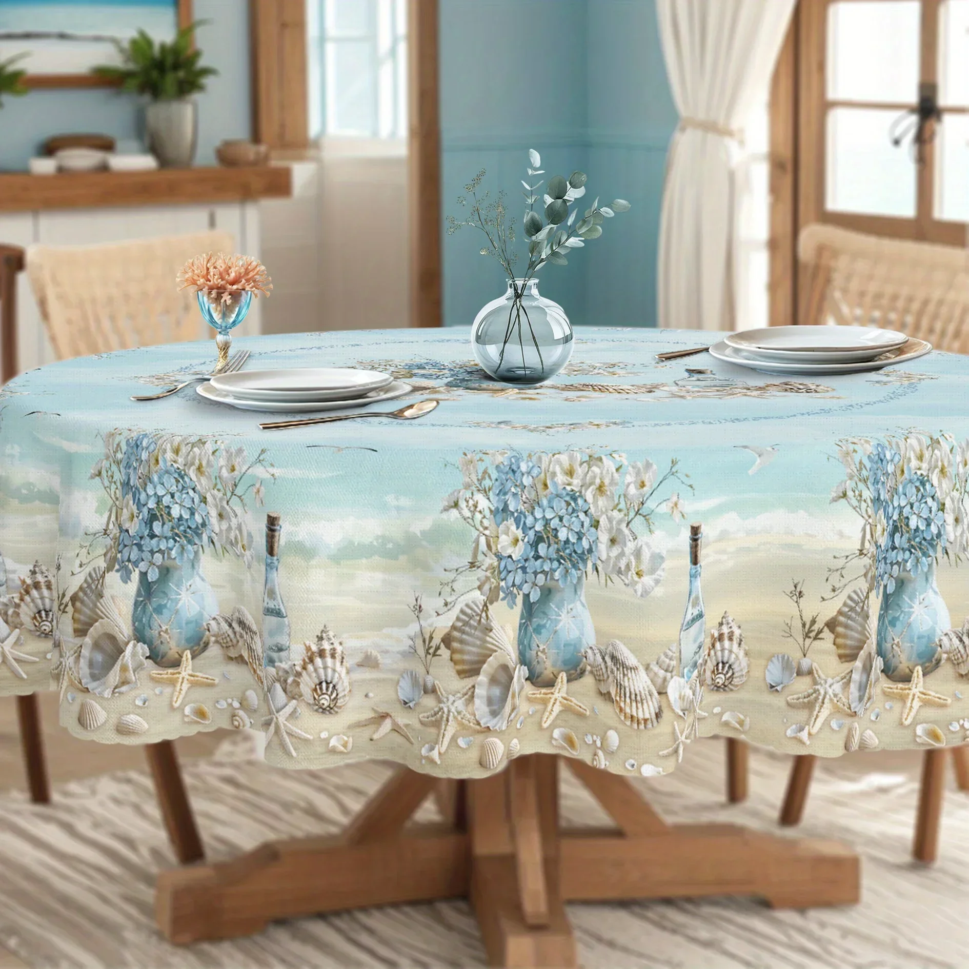 One ocean-themed tablecloth with watercolor-style imitation shells, floating bottles and starfish patternsxzj