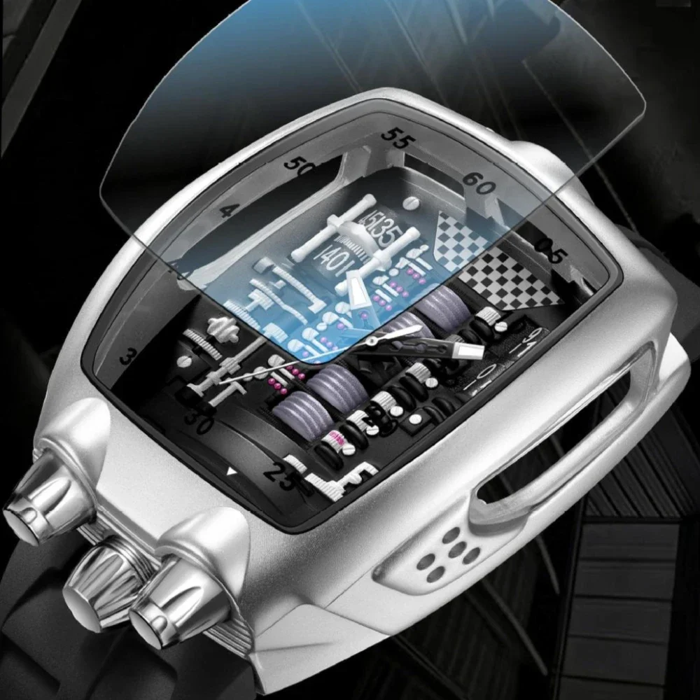 Transparent Hollow Design Men's Quartz Watch Unique Special Creative Engine Case Shape Silicone Strap Luminous Wristwatch Gift