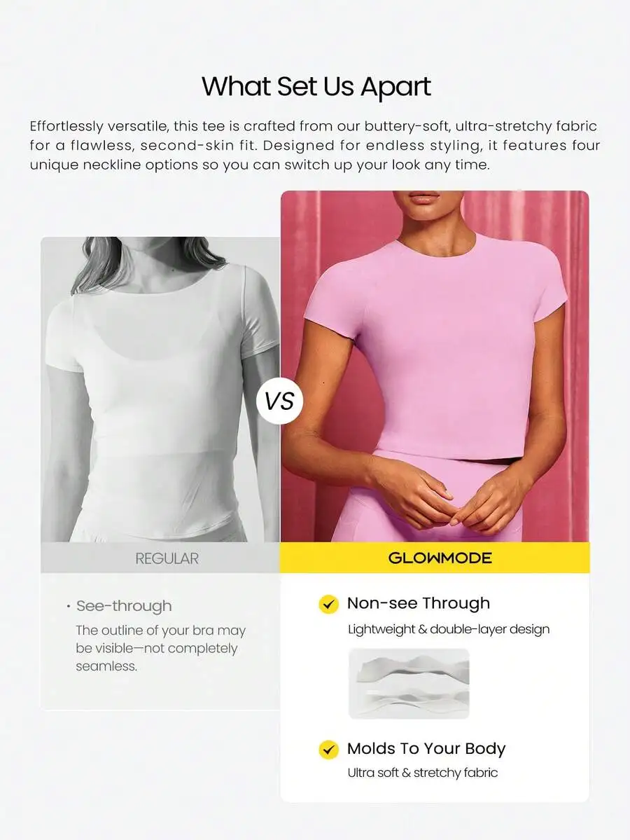 

Soft Stretchy Round Neck Slim Fit Cropped Short Sleeve Tee For Yoga Pilates Gym Casual Wear