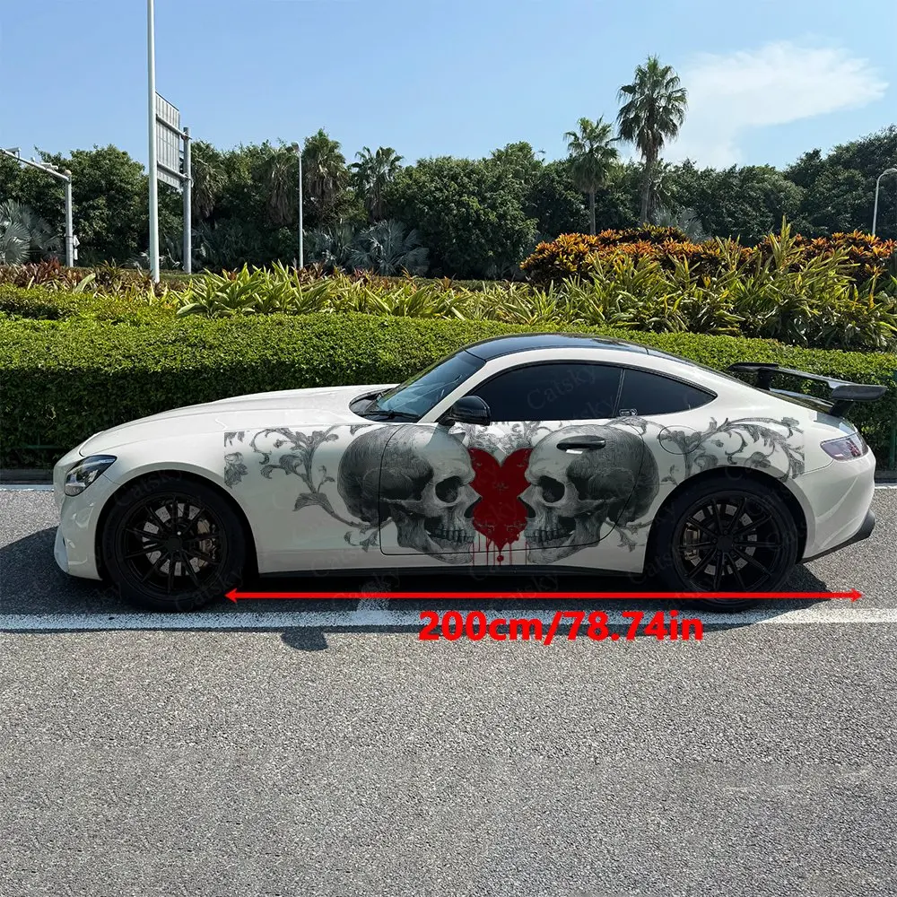 2pcs Floral Scroll Skulls & Blood Heart Car Side Wraps, Self-Adhesive PVC Waterproof & Scratch-Resistant Stickers, Car Accessory