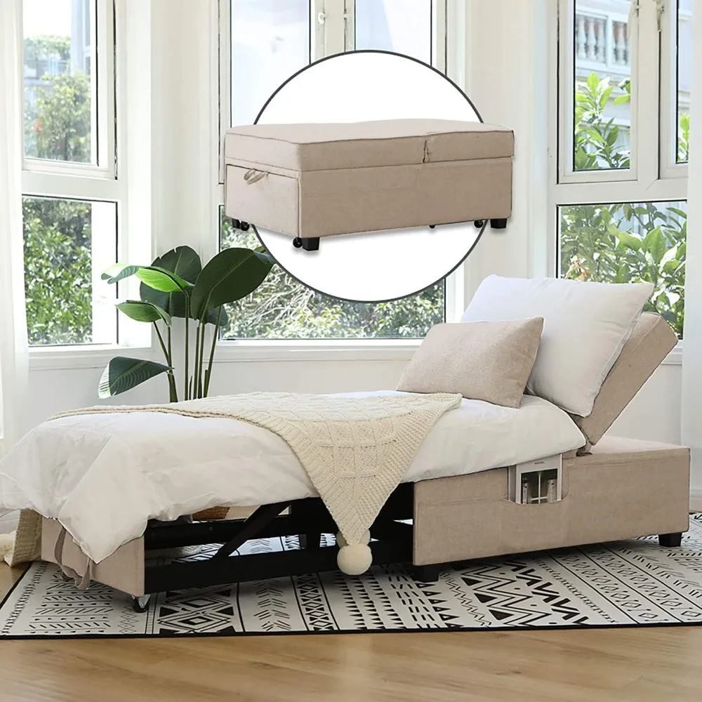 

Futon Chair with Lumbar Pillow and 3 Side Pockets, Convertible 4 in 1 Ottoman Bed, Sofa Bed Chair, Tufted Fabric