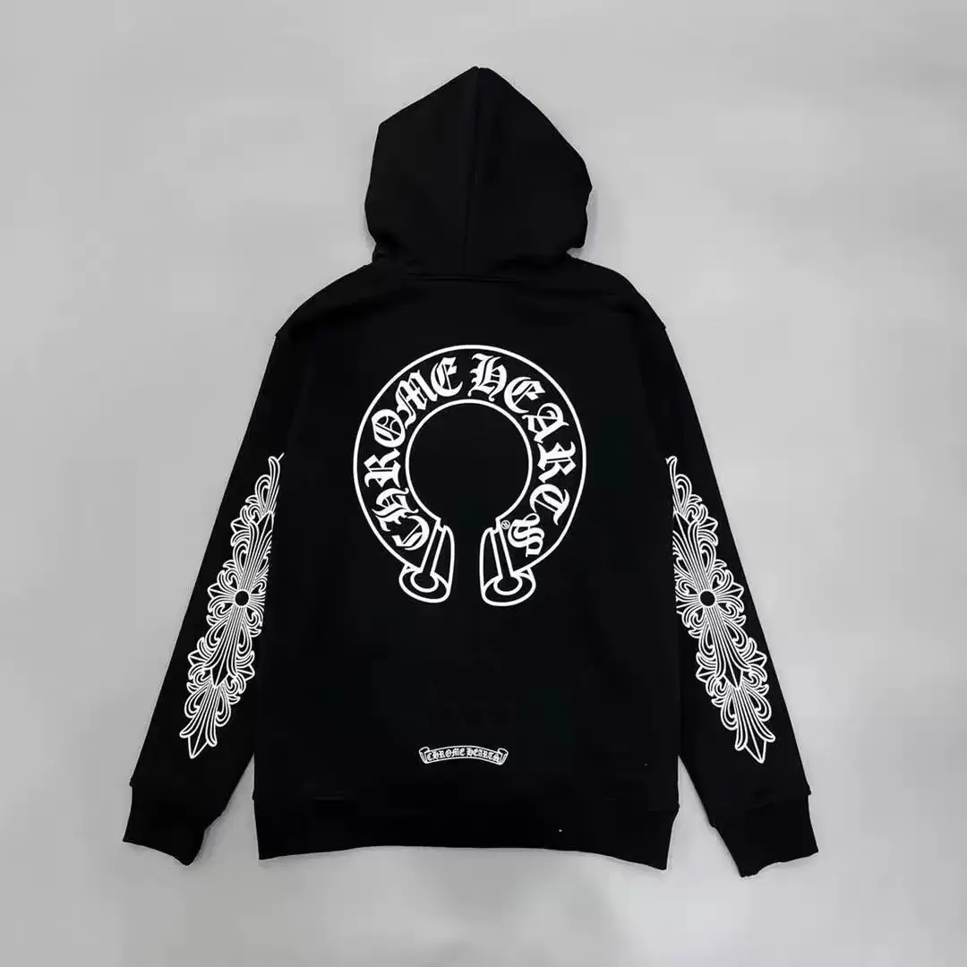 2025 Trendy Brand Autumn/Winter Sanskrit Letter Printed Cross Horseshoe Hooded Zipper Cardigan Coat Men's and Women's Hoodies