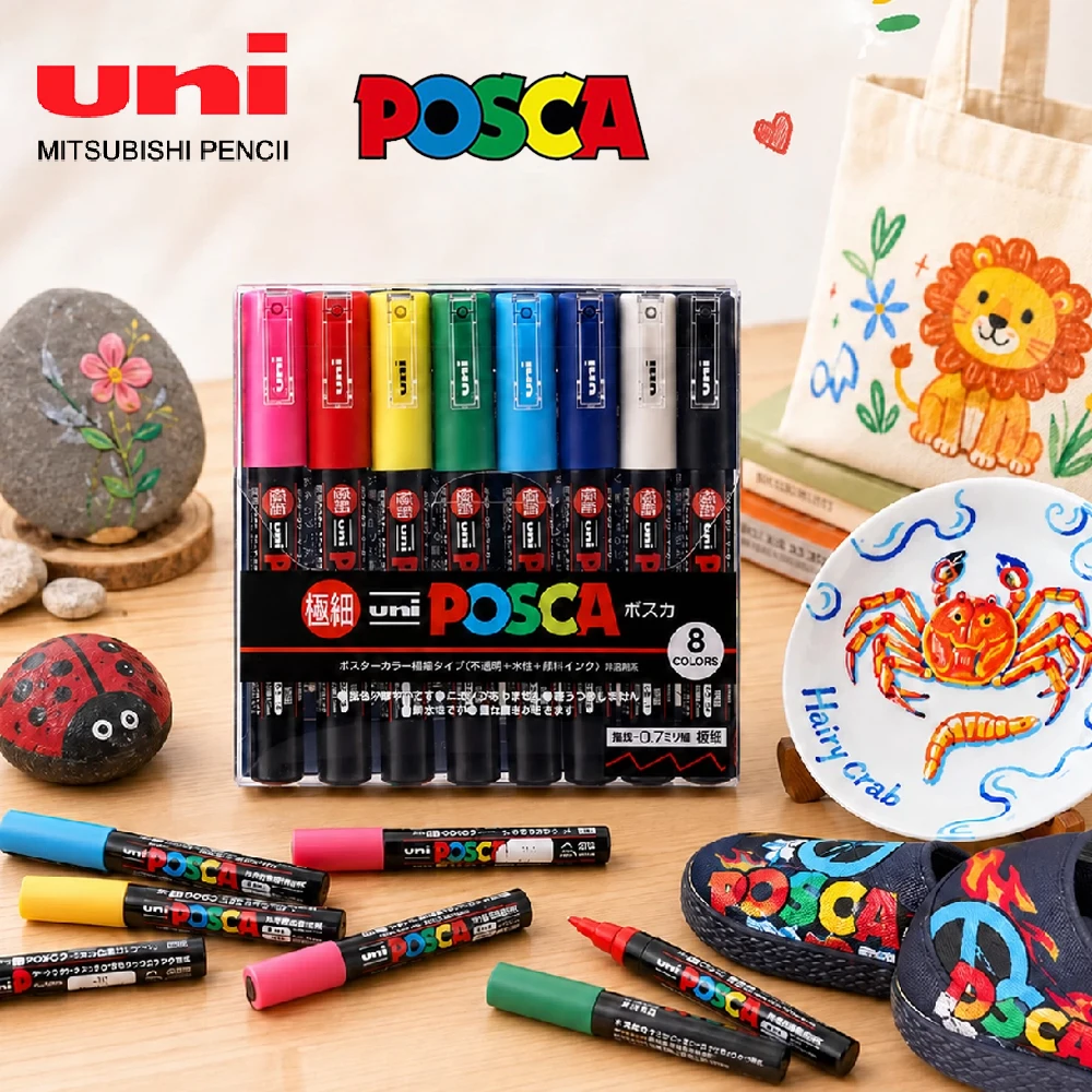 8色セット-日本uni-posca-アクリルペイントマーカー-diy-グラフィティペン-石、陶器、布、子供の手芸、描画用品に