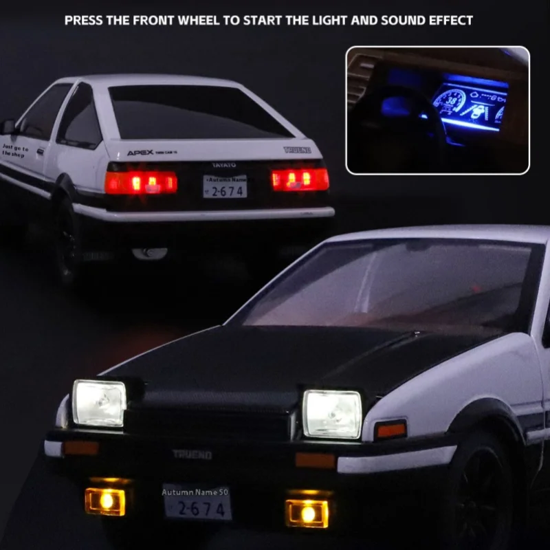 1:18 Movie Car INITIAL D AE86 Alloy Sports Car Model Diecast Metal Track Racing Vehicles Car Model Sound and Light Kids Toy Gift