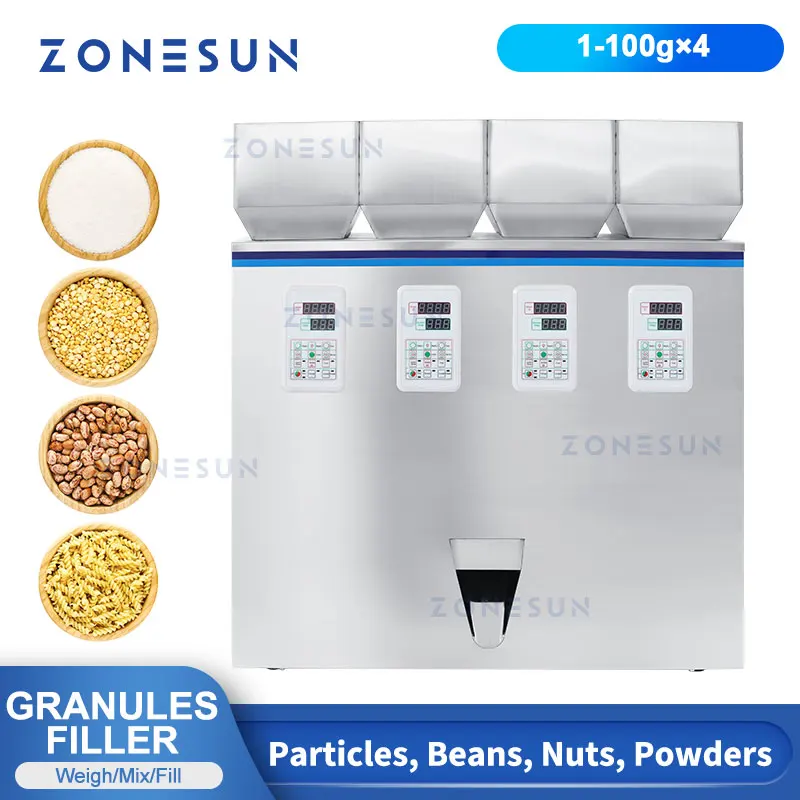 

ZONESUN Granules Filling Weighing Machine 4 Hoppers Flour Bean Tea Leaves Peanut Mixed Pepper Seasoner Packaging ZS-GWF4