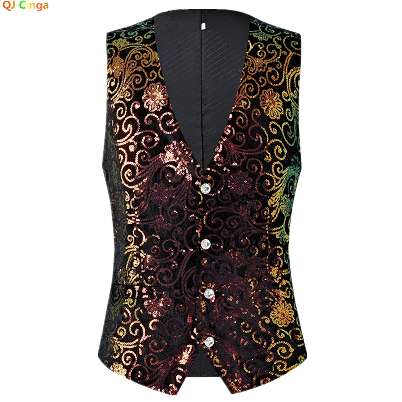 Gilet da uomo nero, gilet monopetto con scollo a V, gilet decorato con paillettes lucide, adatto per host/cingante/palcoscenico/festa