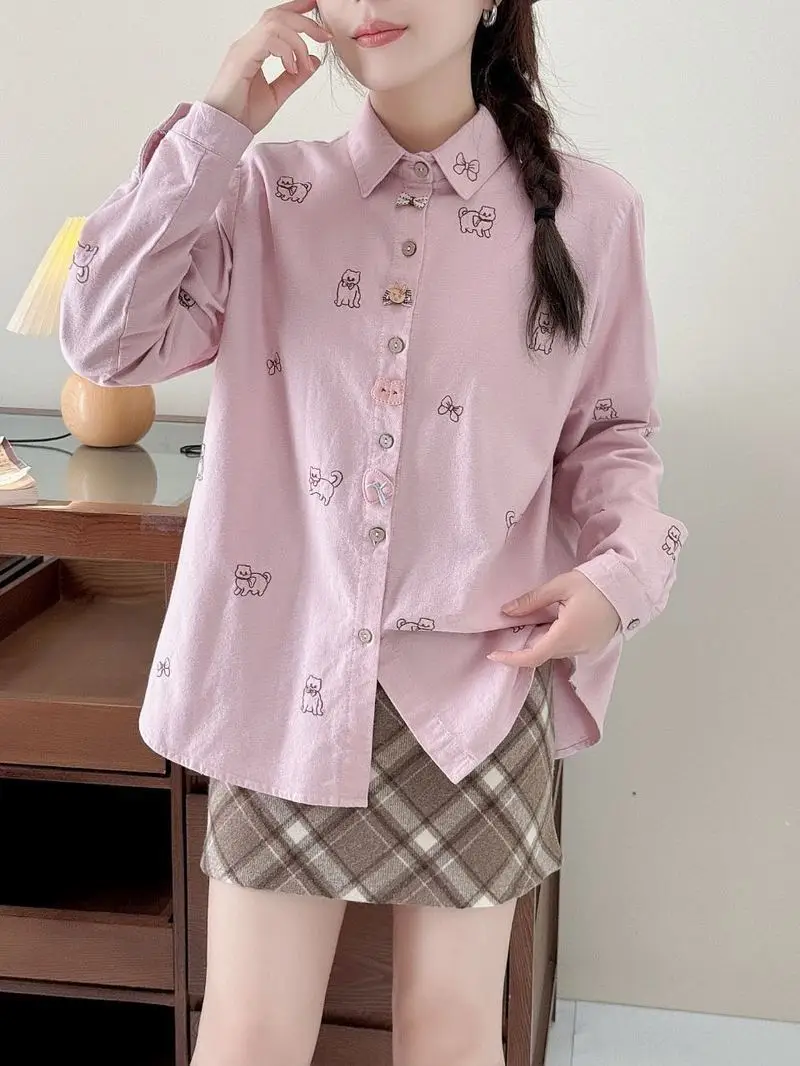 

Mori kei winter Japan style brushed cotton pink kitten bow printed shirts thicken long sleeve blouses for women tops