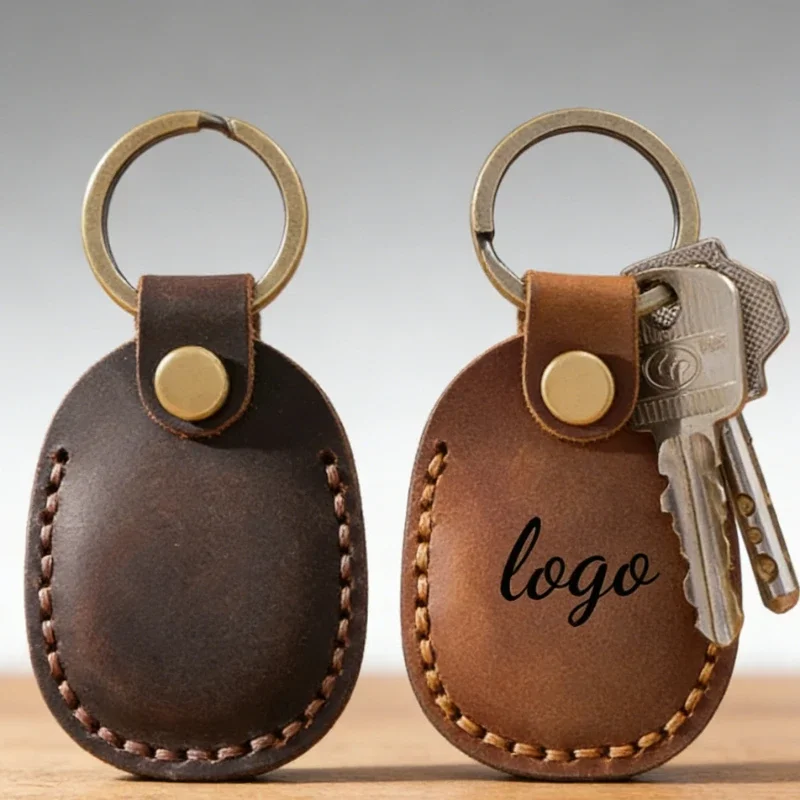 Porte-clés personnalisé vintage en cuir véritable Crazy Horse avec logo gravé au laser pour AirTag, carte de porte et clés