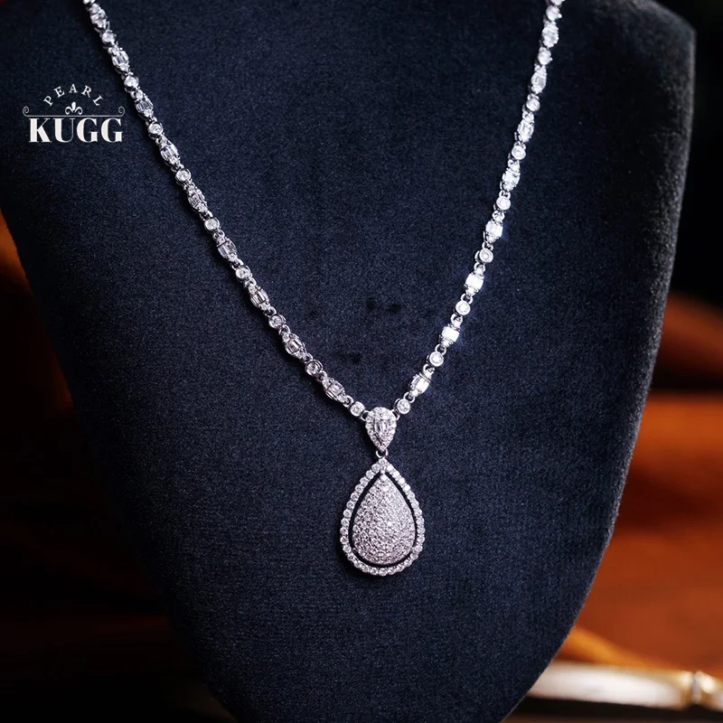 KUGG 18K White Gold Necklace Luxury 2.3carat Real Natural Diamond Necklace for Women Elegant Water Drop Shape High Party Jewelry