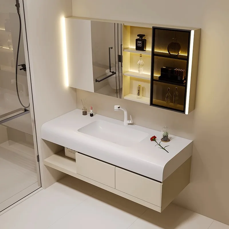 Nuevo mueble de baño de viento color crema, combinación de lavabo integrado Corian, lavabo de baño de piscina simple para manos y cara para hotel