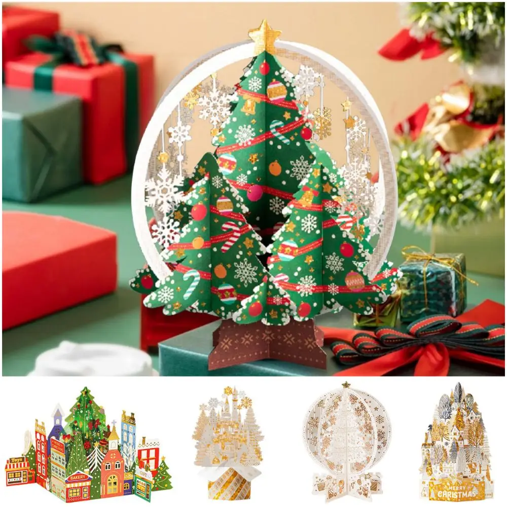 3D-Grußkarte aus Papier für Weihnachten, vergoldet, zum Basteln, Frohe Weihnachten, Segenskarten, Pop-up mit Umschlag, Papierschnitzerei-Postkarte