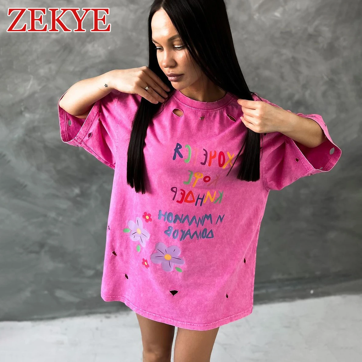 Zekye-Camiseta de cuello redondo con estampado Floral para mujer, ropa de calle de gran tamaño, Top largo con agujeros, camiseta Vintage desgastada