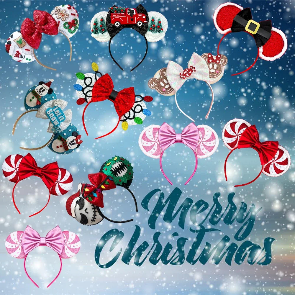 

Disney Christmas Mickey Mouse Headband Girl Boys Cute Minnie Ears Hairband Sequins Bow DIY Hair Accessories Women Kids Xmas Gift