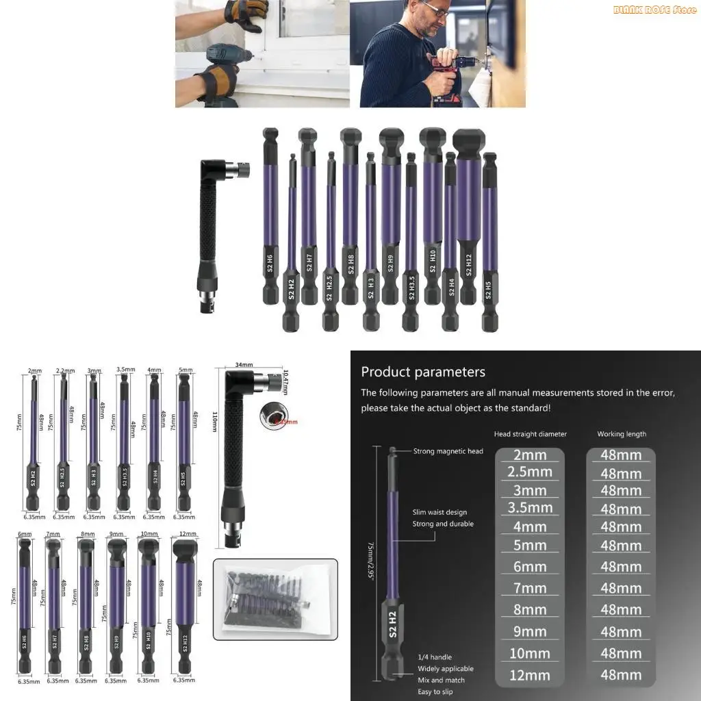 K1AE 13Pcs Ball End Screw Driver Bit 1/4inch Impact Wrenches Bit Set 2/2.5/3/3.5/4/5/6/7/8/9/10/12mm
