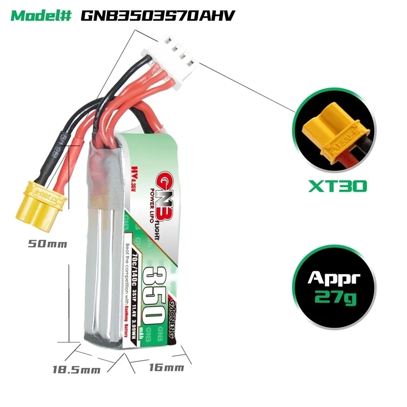 Imagem -03 - Gaoneng Lipo Bateria com Plugue Gnb Max 140c 11.4v 350mah Xt30 Beta75x 3s Beta65x 2s Peças Inteiras dos Drones 70c 3s Pcs