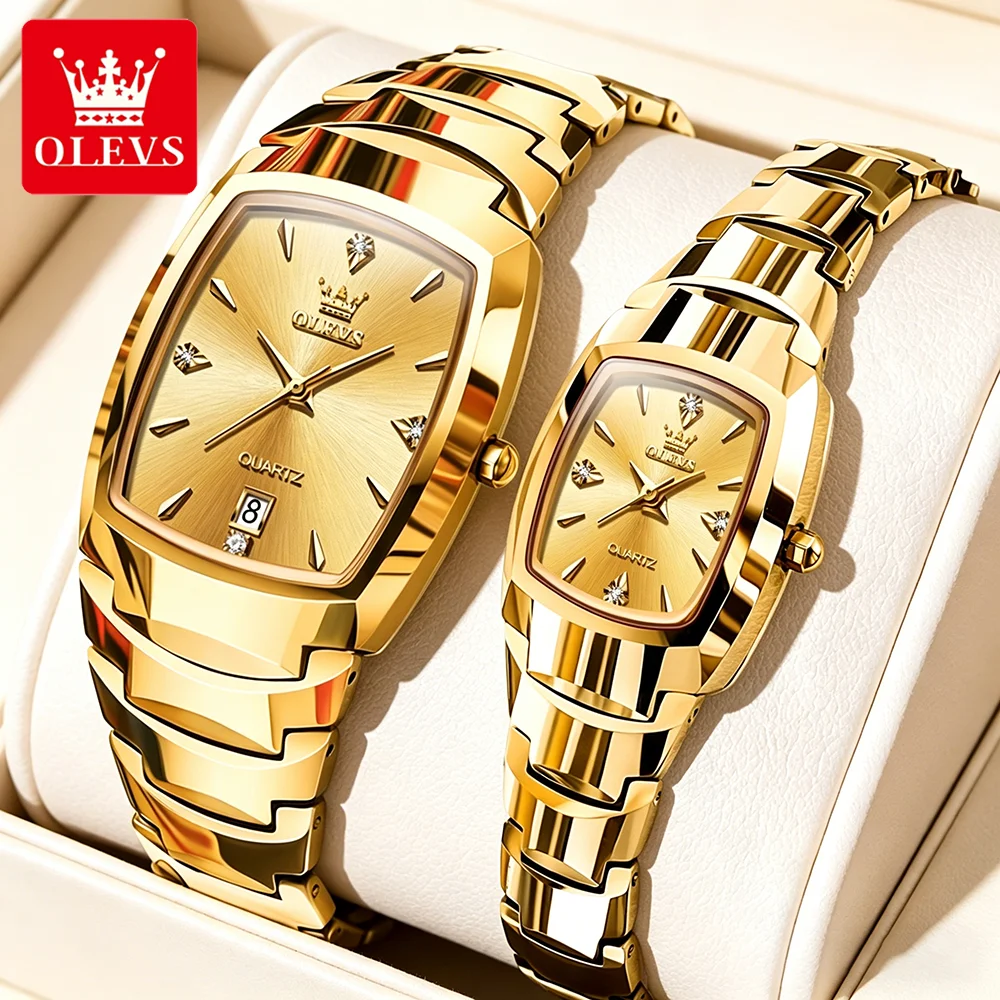 OLEVS Couple Watches Luxury Fashion Tungsten Steel Gold Original Quartz Wristwatch for Lover Waterproof Date Man and Woman Watch