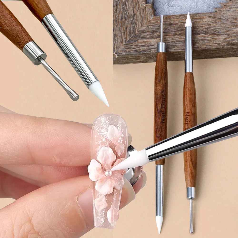 

1pcs Double-Ended Carving/ Glue Adjusting Nail Pen Silicone Spatula Brush Carving Flower Painting Pen UV Gel Tips Manicure Tools