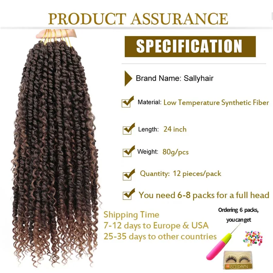 Afro Passie Water Wave Gehaakte Vlechten 24 Inch Synthetische Boho Golvende Bom Voorgedraaid Gehaakte Haarextensies Sallyhair