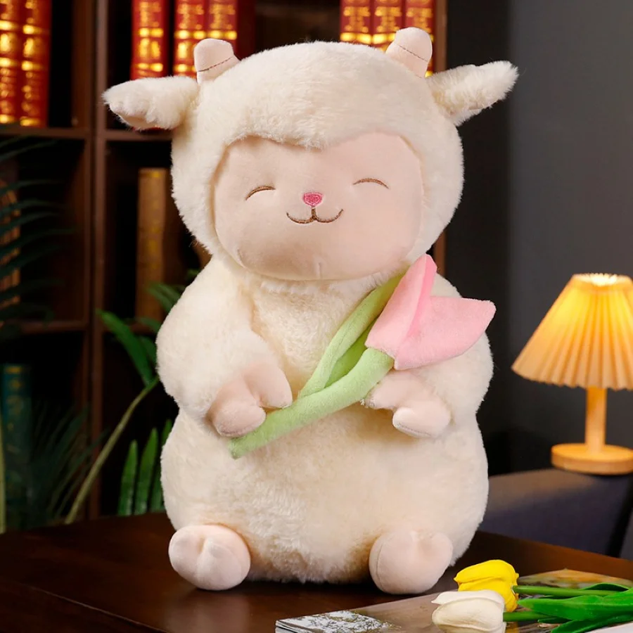 Peluche de oveja Kawaii, muñeco de peluche de flor de tulipán de Anime dulce Lam Hold, cordero relleno suave con juguete de peluche de tulipán, regalo bonito para niños