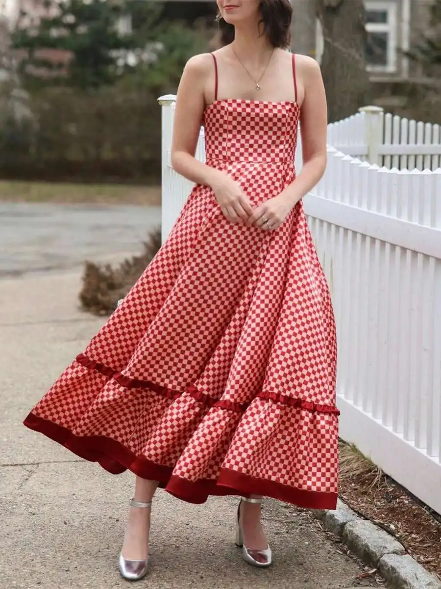 

Womens Sleeveless Spaghetti Strap Checkerboard Print Flowy Midi Dress With Ruffles