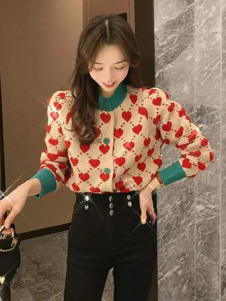 Heart Argyle Diamonds O-Neck High Street Kawaii Knitted Women\'s Sweaters Long Sleeve Buttons Short Jumpers Female Cardigans