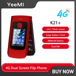 YEEMI K21 + 플립 기능 휴대폰, Sereen 4800mAh 대형 단추, 노인 LTE 4G 저렴한 핸드폰 러시아어 키보드, 2.4 인치, 1.77 인치