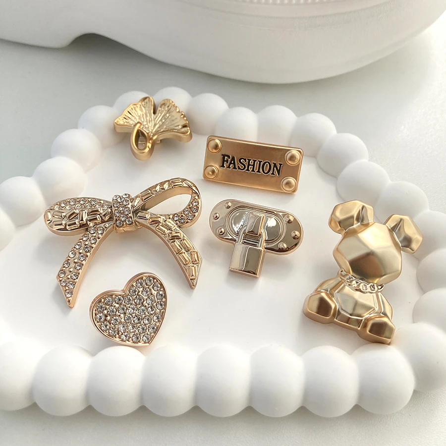 6pcs Cute Golden Bear Bowtie Fashion Heart Shoe Decoration Charms With White Shoelace Suitable For CROCS Clogs image 6