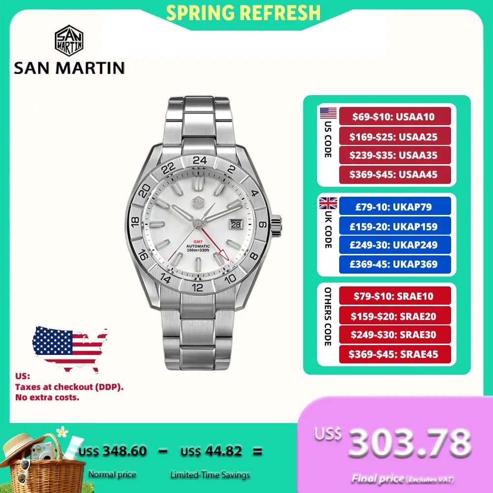 

San Martin 42mm Men Watch NH34 GMT Natural MOP Dial 3H Date Swim Automatic Sapphire BGW-X1 Blue Luminous Dress Reloj SN0130