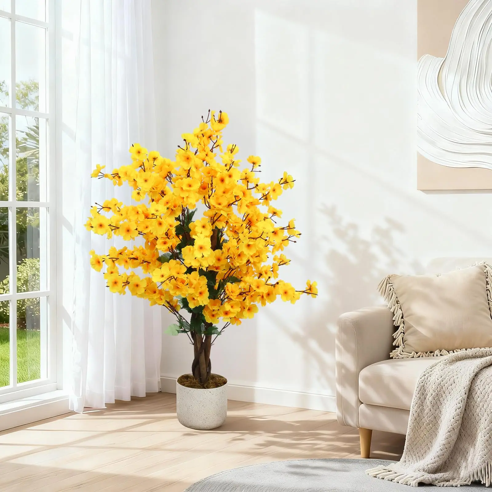Immergrüne Eleganz – Künstlicher Winterbaum im Topf, 90 cm, realistische Pflaumenblüten, naturgetreuer Stamm – Dekorative Kunstpflanze für Wohnzimmer, Büro & Zuhause