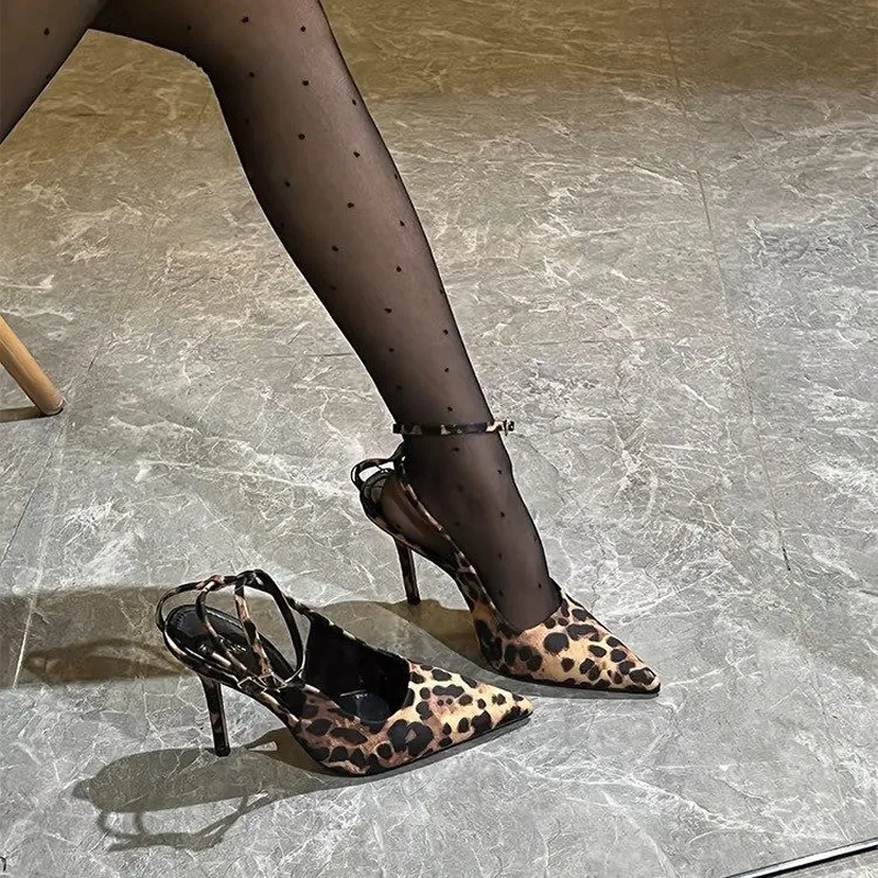 2025 New French Style Niche Design Sense Thin Heel Pointy Head After Empty Mouth Sexy Leopard Print Retro High Heels Women
