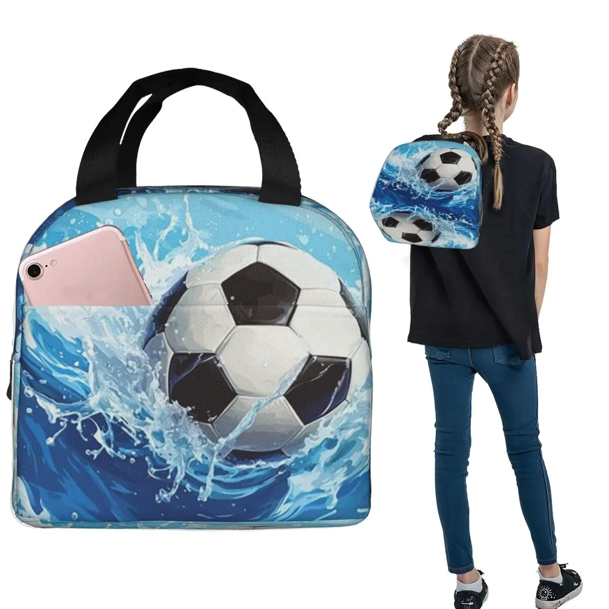 

New Football Pattern Cartoon Lunch Bags Insulated Bento Box Portable Lunch Tote Cooler Thermal Bag for Woman Children Office