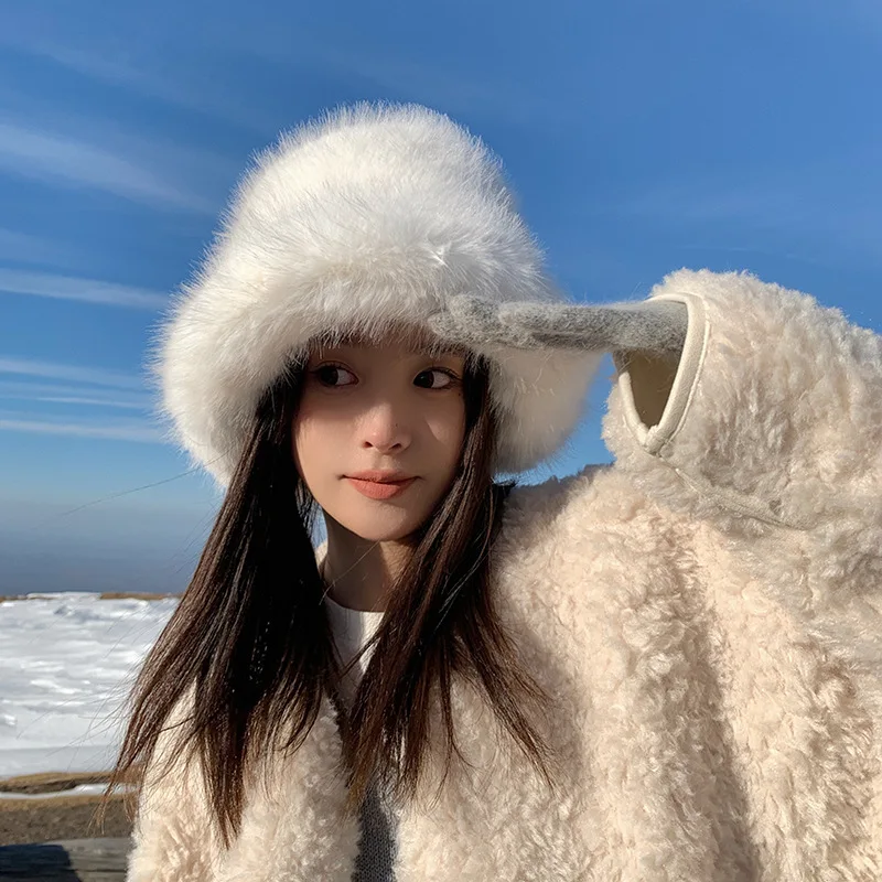 

Меховая шапка для женщин, осенние и зимние плюшевые рыбацкие шапки, белые высококачественные теплые шапки для защиты ушей, шапки для бассейна