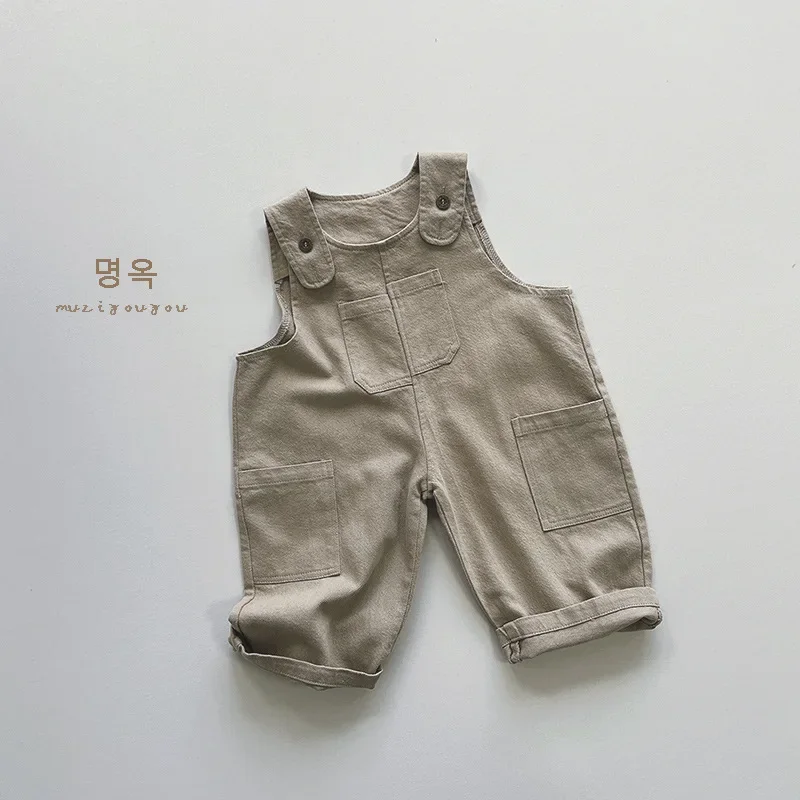 Autumn Boy Girl Children Retro Pockets Overalls Kids Loose Casual Suspenders Jumpsuit Baby Cotton Pants Infant All-match Trouser