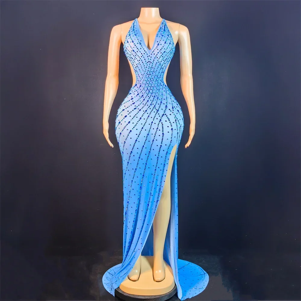 Sexy Sparkly Rhinestone Halter Mesh Transparent Dress Birthday Celebrate Evening Gown Dress Women Sexy Split Backless Stage Dres