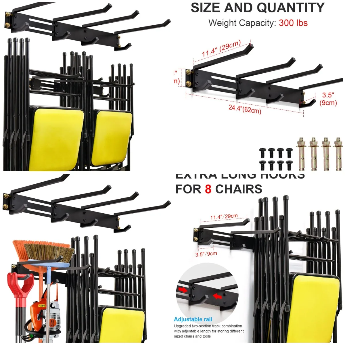 

Wall-Mounted Folding Chair & Tool Storage Rack, Holds Up to 300 lbs